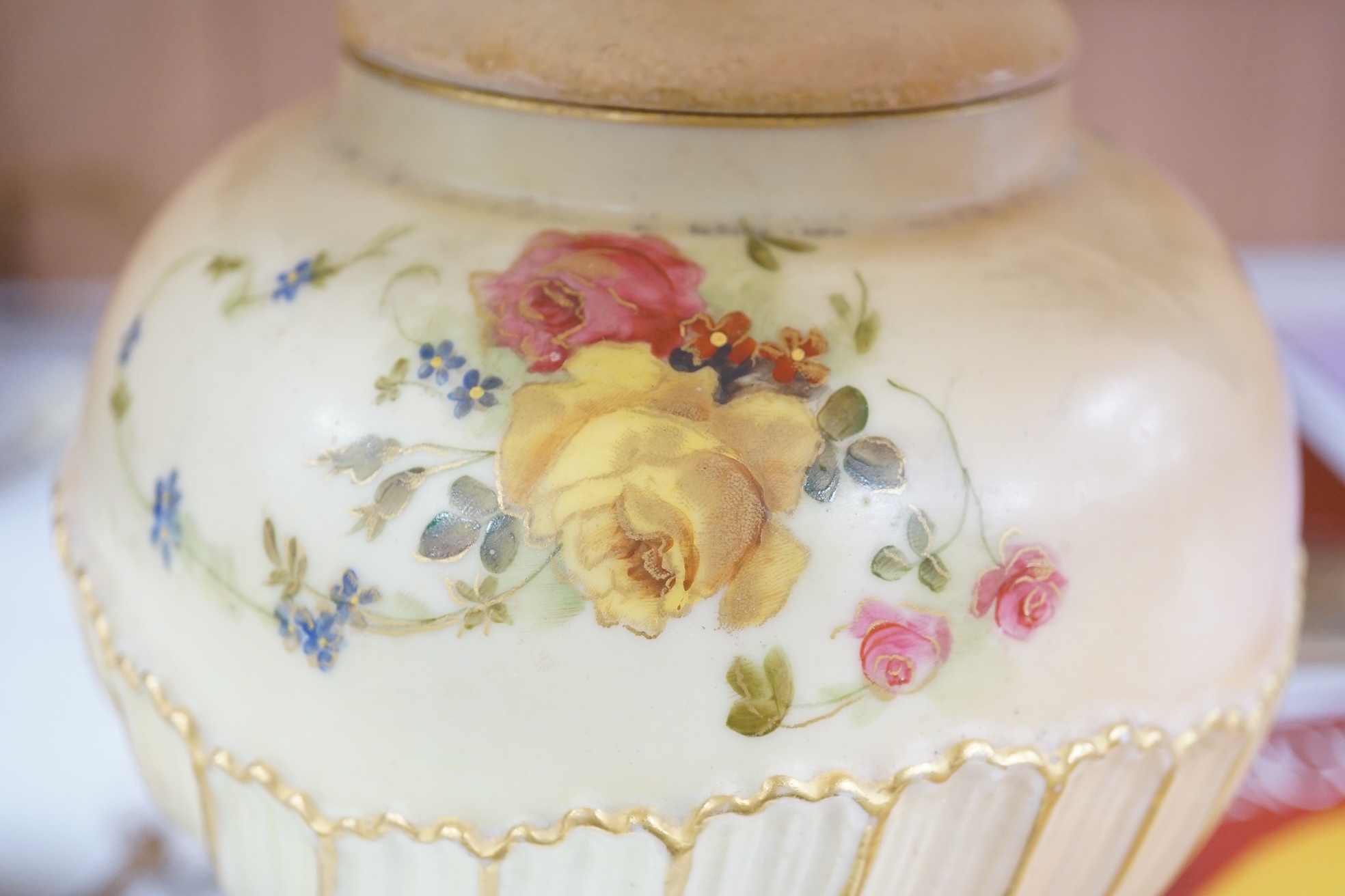 A Royal Worcester blush vase, fitted as a table lamp and a Royal Worcester footed bowl, total lamp height 38cm (2). Condition - good, lamp not tested